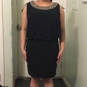 Cute Black Midi Length Backless Dress with silver beads